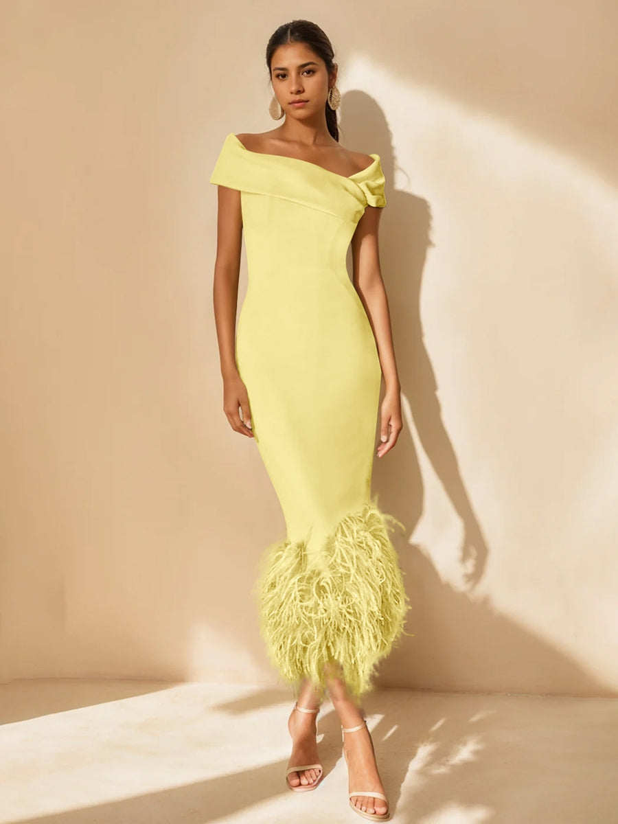 Unique Off-the-Shoulder Tea-Length Mother of the Bride Dress with Short Sleeves and Feathers-BMbridal
