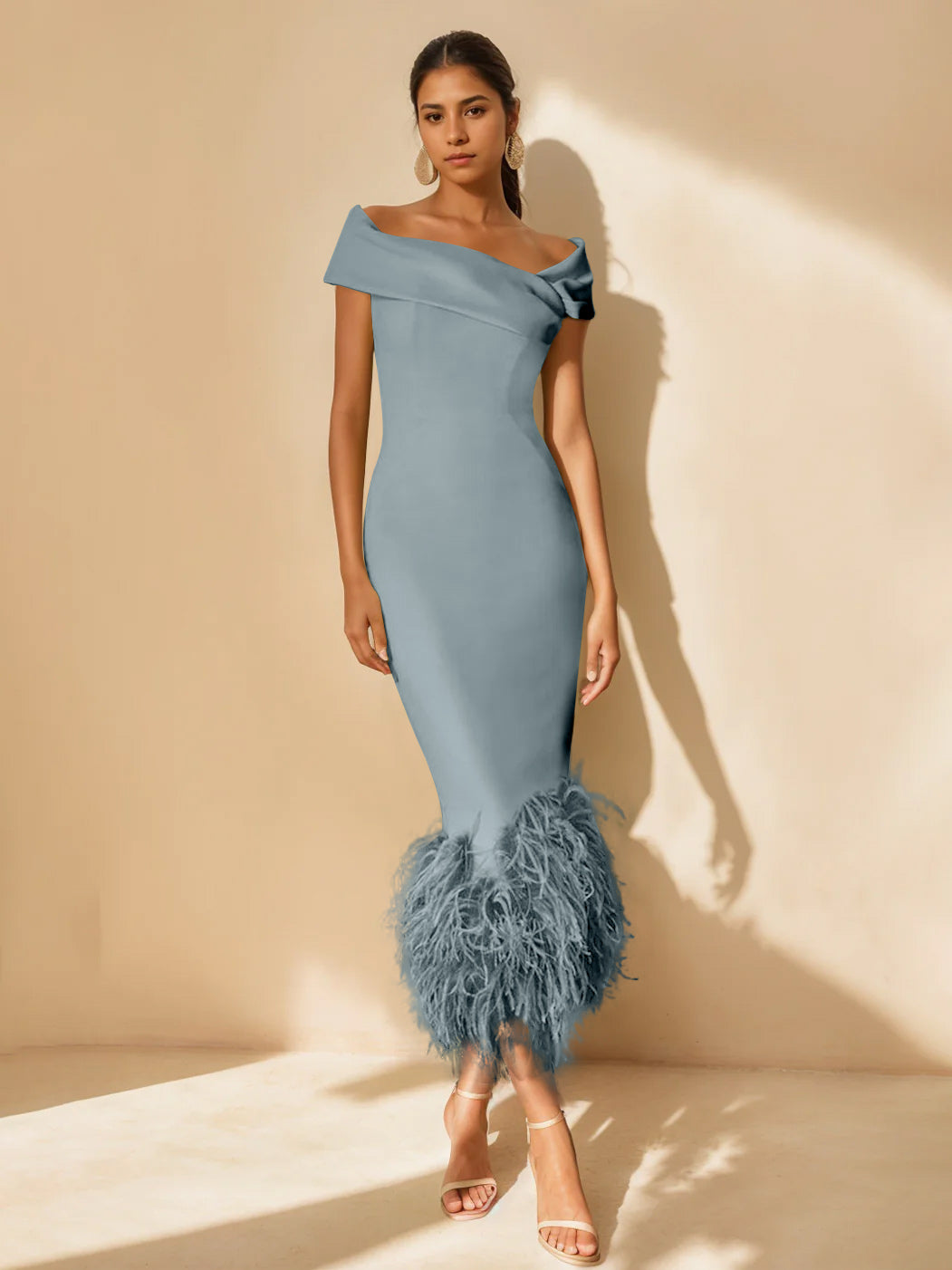 Unique Off-the-Shoulder Tea-Length Mother of the Bride Dress with Short Sleeves and Feathers-BMbridal