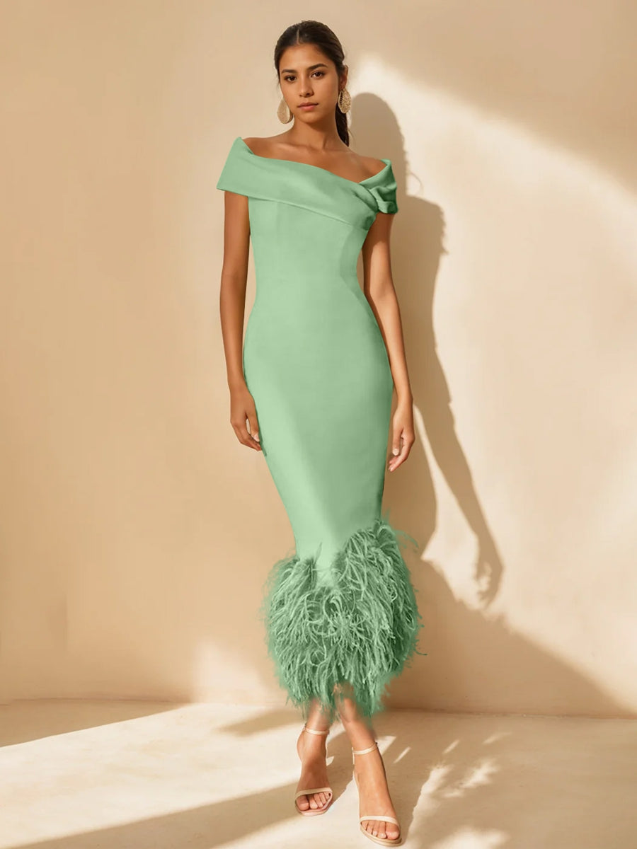 Unique Off-the-Shoulder Tea-Length Mother of the Bride Dress with Short Sleeves and Feathers-BMbridal
