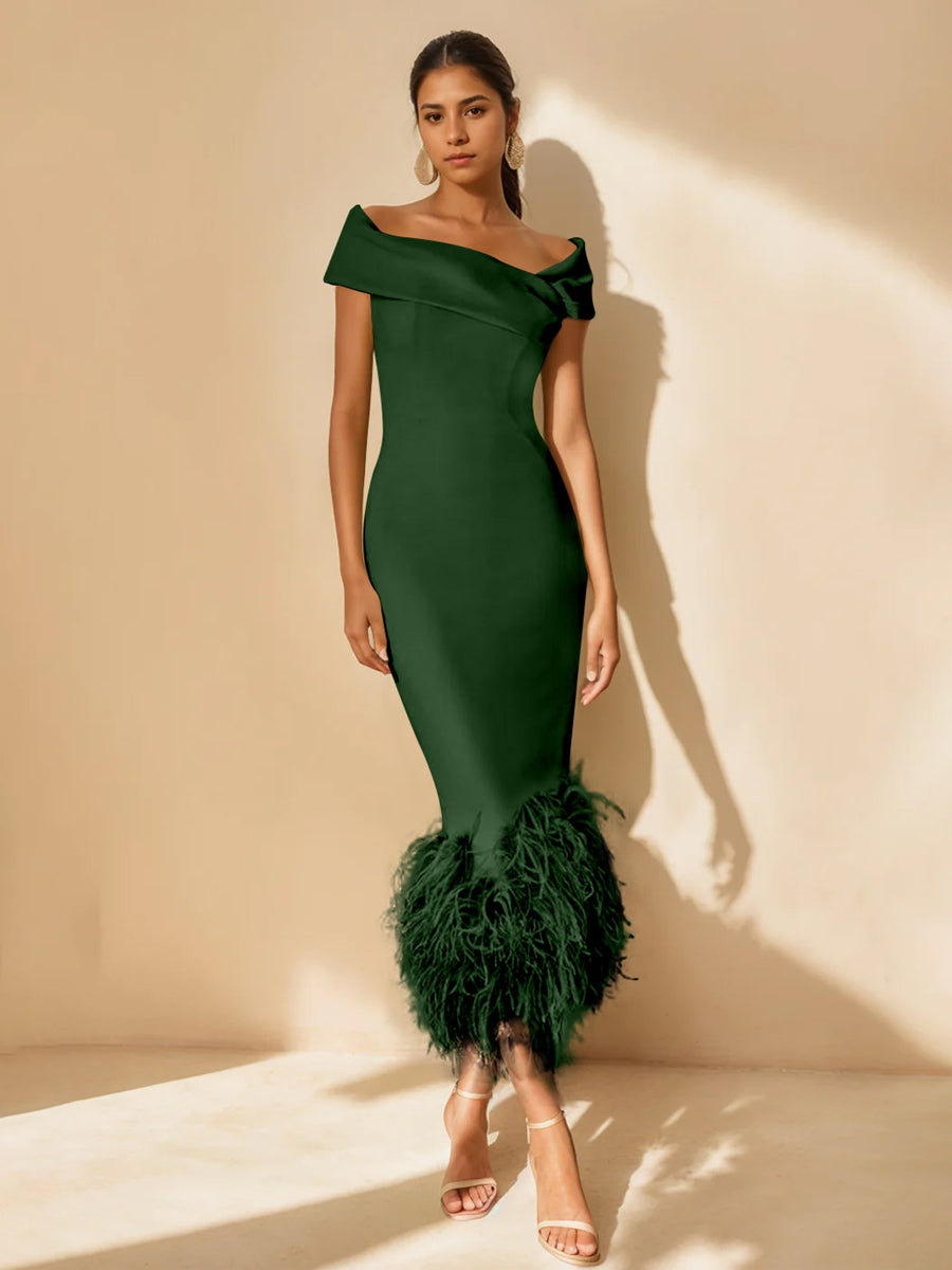 Unique Off-the-Shoulder Tea-Length Mother of the Bride Dress with Short Sleeves and Feathers-BMbridal