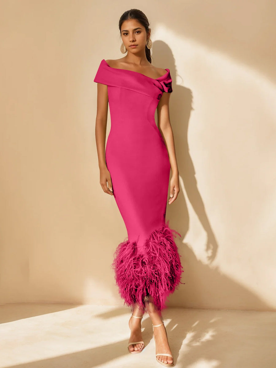 Unique Off-the-Shoulder Tea-Length Mother of the Bride Dress with Short Sleeves and Feathers-BMbridal