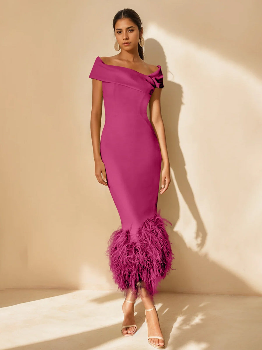 Unique Off-the-Shoulder Tea-Length Mother of the Bride Dress with Short Sleeves and Feathers-BMbridal