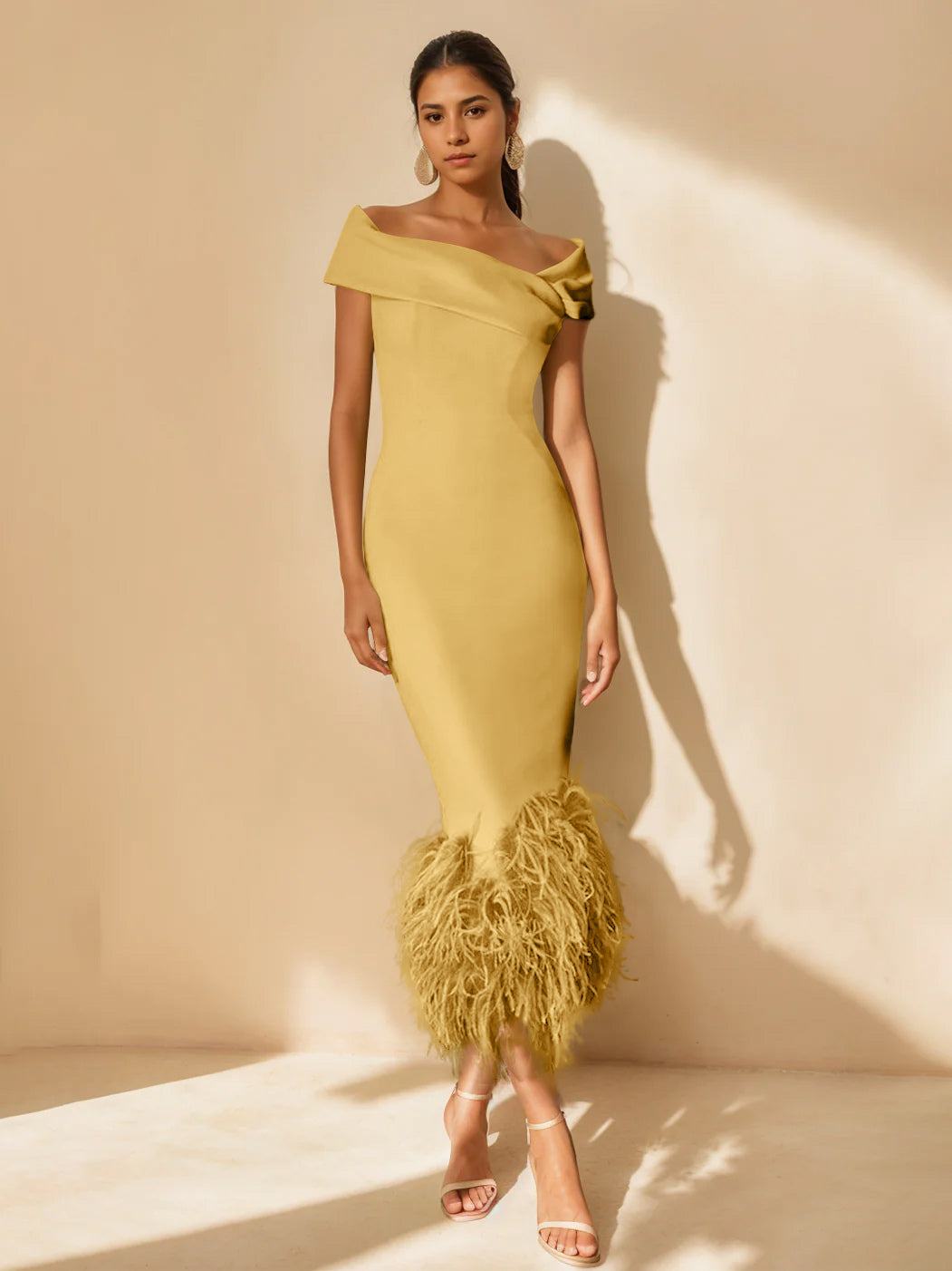 Unique Off-the-Shoulder Tea-Length Mother of the Bride Dress with Short Sleeves and Feathers-BMbridal