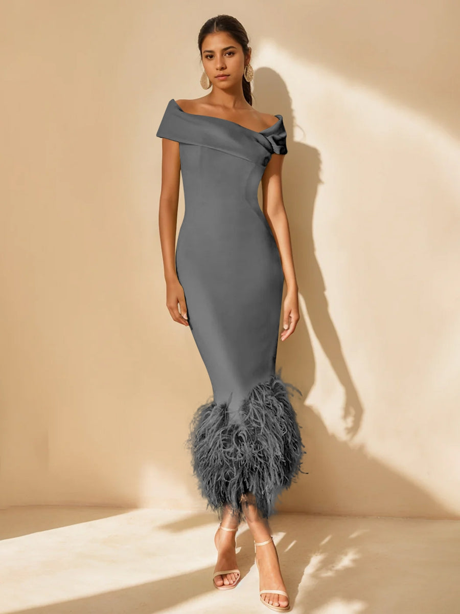 Unique Off-the-Shoulder Tea-Length Mother of the Bride Dress with Short Sleeves and Feathers-BMbridal