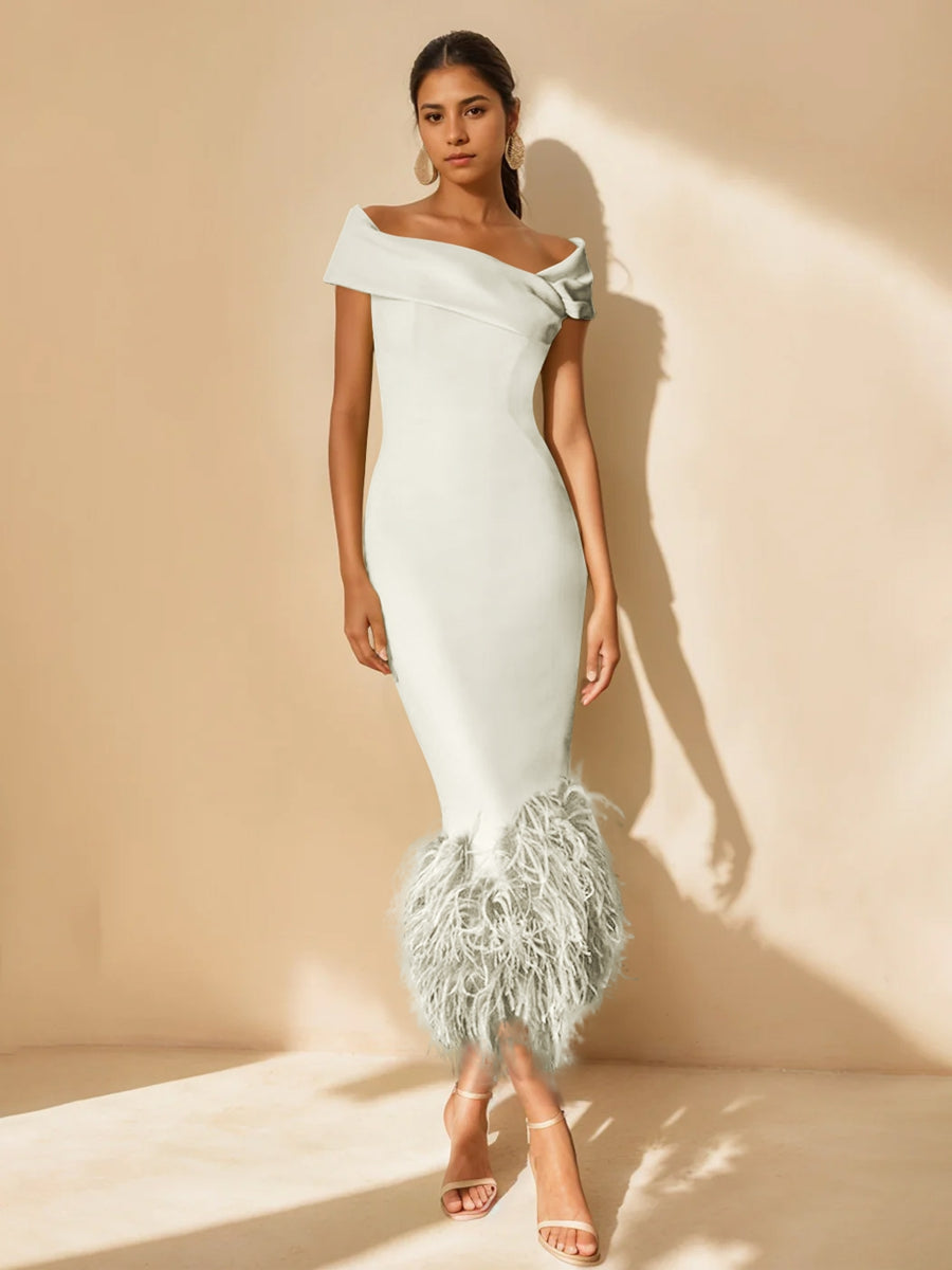 Unique Off-the-Shoulder Tea-Length Mother of the Bride Dress with Short Sleeves and Feathers-BMbridal