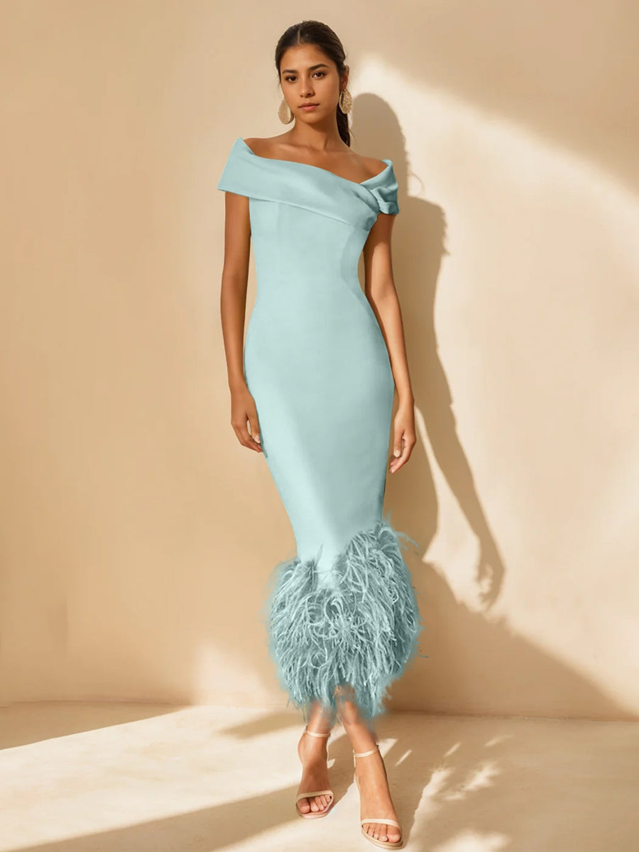 Unique Off-the-Shoulder Tea-Length Mother of the Bride Dress with Short Sleeves and Feathers-BMbridal
