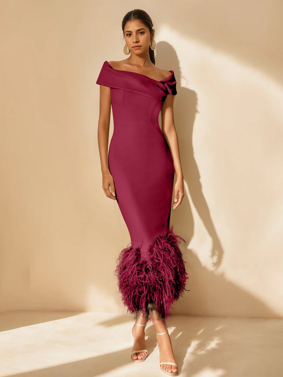 Unique Off-the-Shoulder Tea-Length Mother of the Bride Dress with Short Sleeves and Feathers-BMbridal