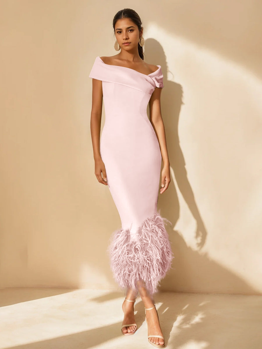 Unique Off-the-Shoulder Tea-Length Mother of the Bride Dress with Short Sleeves and Feathers-BMbridal