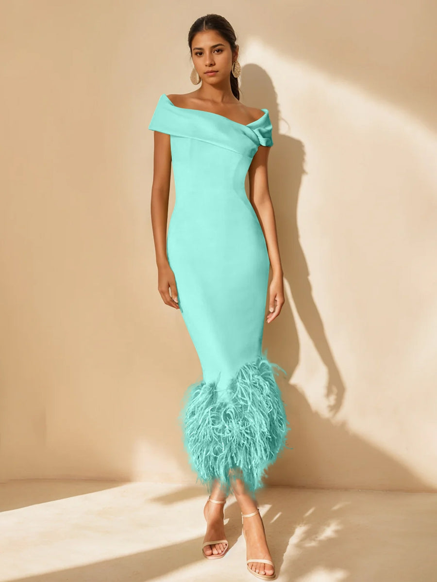 Unique Off-the-Shoulder Tea-Length Mother of the Bride Dress with Short Sleeves and Feathers-BMbridal