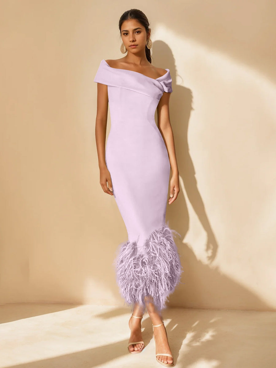 Unique Off-the-Shoulder Tea-Length Mother of the Bride Dress with Short Sleeves and Feathers-BMbridal