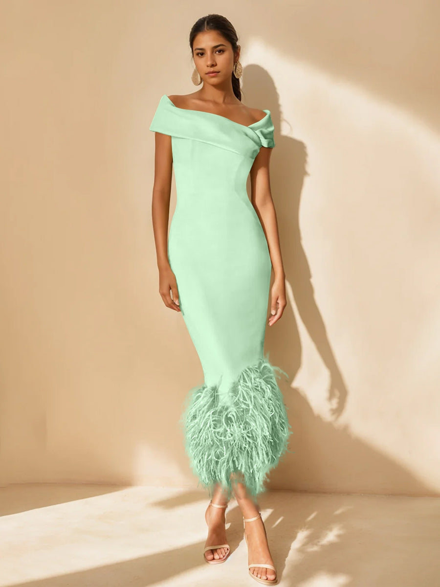 Unique Off-the-Shoulder Tea-Length Mother of the Bride Dress with Short Sleeves and Feathers-BMbridal
