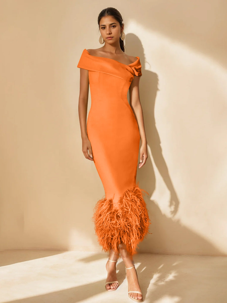 Unique Off-the-Shoulder Tea-Length Mother of the Bride Dress with Short Sleeves and Feathers-BMbridal