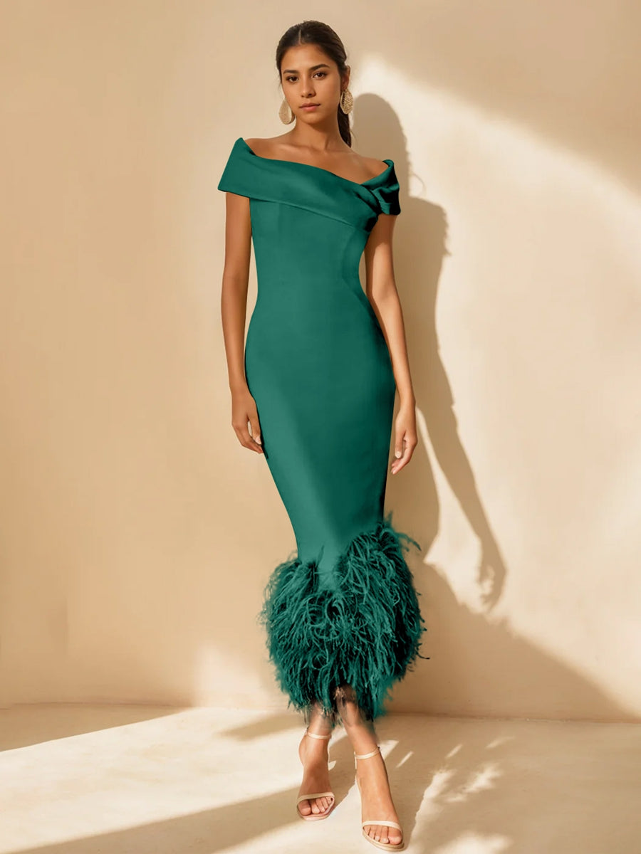 Unique Off-the-Shoulder Tea-Length Mother of the Bride Dress with Short Sleeves and Feathers-BMbridal