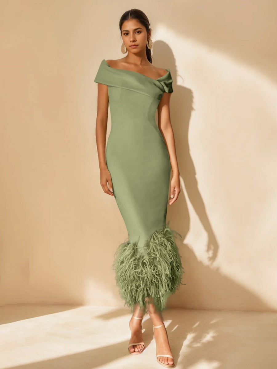 Unique Off-the-Shoulder Tea-Length Mother of the Bride Dress with Short Sleeves and Feathers-BMbridal