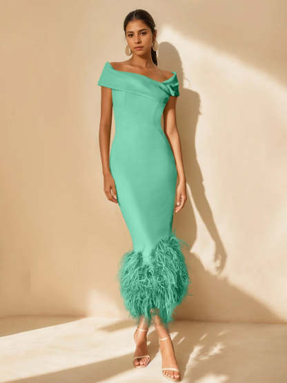 Unique Off-the-Shoulder Tea-Length Mother of the Bride Dress with Short Sleeves and Feathers-BMbridal