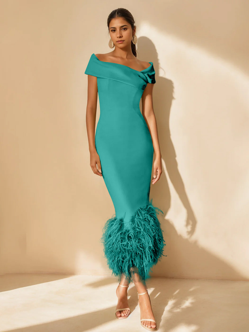 Unique Off-the-Shoulder Tea-Length Mother of the Bride Dress with Short Sleeves and Feathers-BMbridal