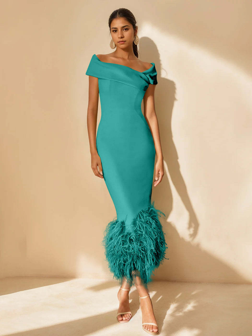 Unique Off-the-Shoulder Tea-Length Mother of the Bride Dress with Short Sleeves and Feathers-BMbridal