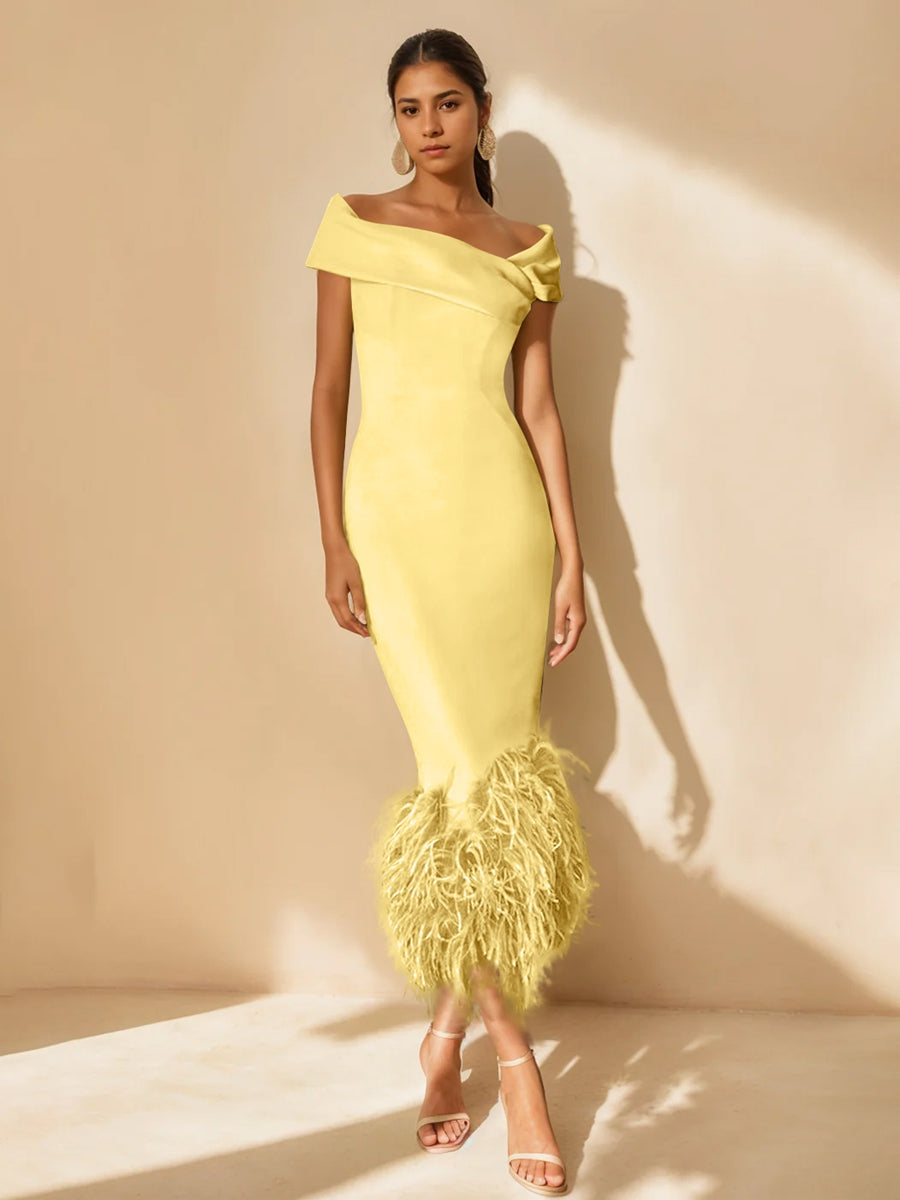 Unique Off-the-Shoulder Tea-Length Mother of the Bride Dress with Short Sleeves and Feathers-BMbridal