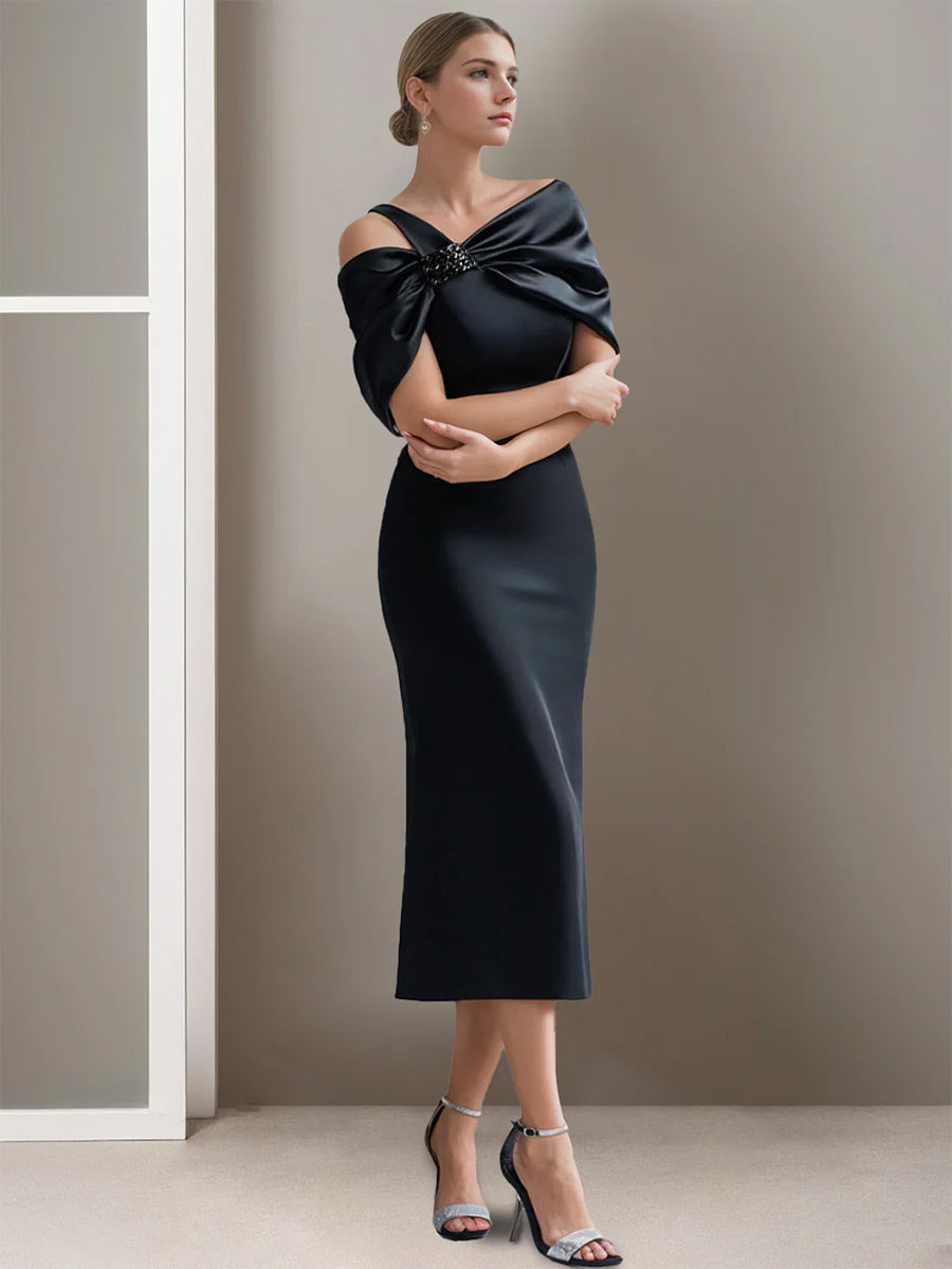 Off-the-Shoulder Short Sleeve Tea-Length Mother of the Bride Sheath Dress-BMbridal