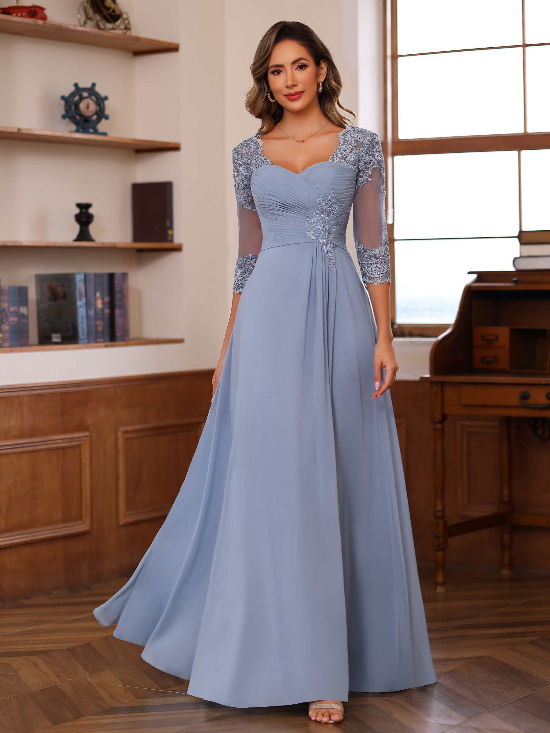 Sweetheart Neck A-Line Princess Gown with 3/4 Sleeves Floor-Length Lace Bridal Dress Featuring Ruffles & Appliques-BMbridal