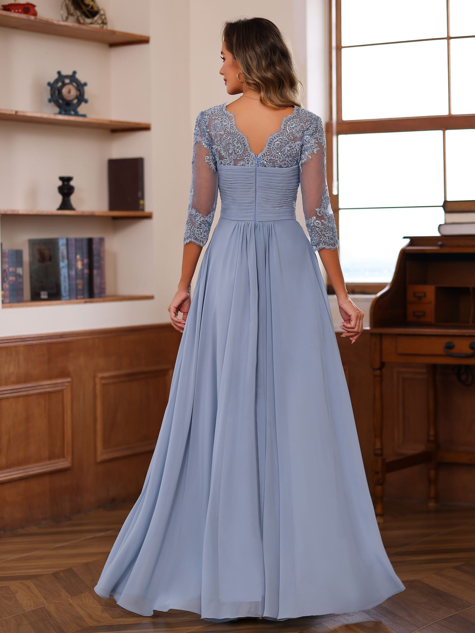 Sweetheart Neck A-Line Princess Gown with 3/4 Sleeves Floor-Length Lace Bridal Dress Featuring Ruffles & Appliques-BMbridal