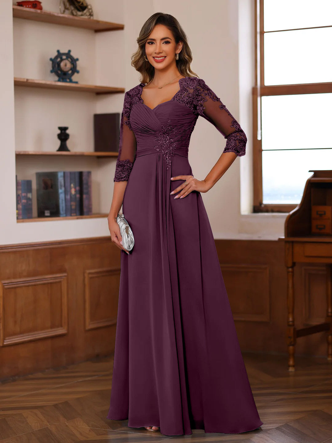 Sweetheart Neck A-Line Princess Gown with 3/4 Sleeves Floor-Length Lace Bridal Dress Featuring Ruffles & Appliques-BMbridal