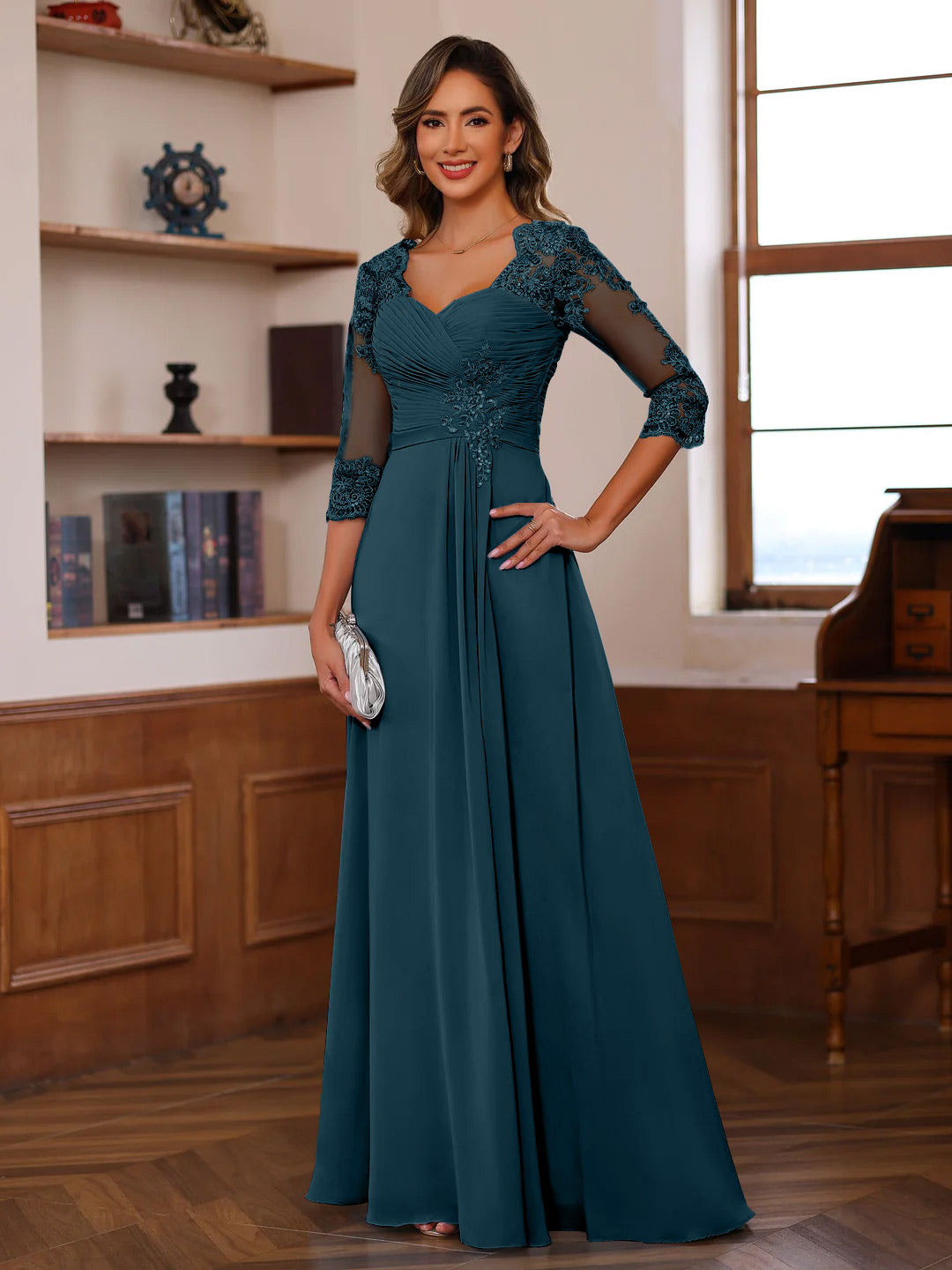 Sweetheart Neck A-Line Princess Gown with 3/4 Sleeves Floor-Length Lace Bridal Dress Featuring Ruffles & Appliques-BMbridal