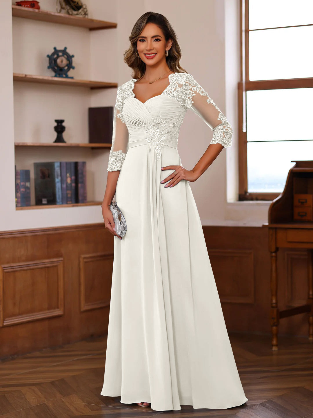 Sweetheart Neck A-Line Princess Gown with 3/4 Sleeves Floor-Length Lace Bridal Dress Featuring Ruffles & Appliques-BMbridal