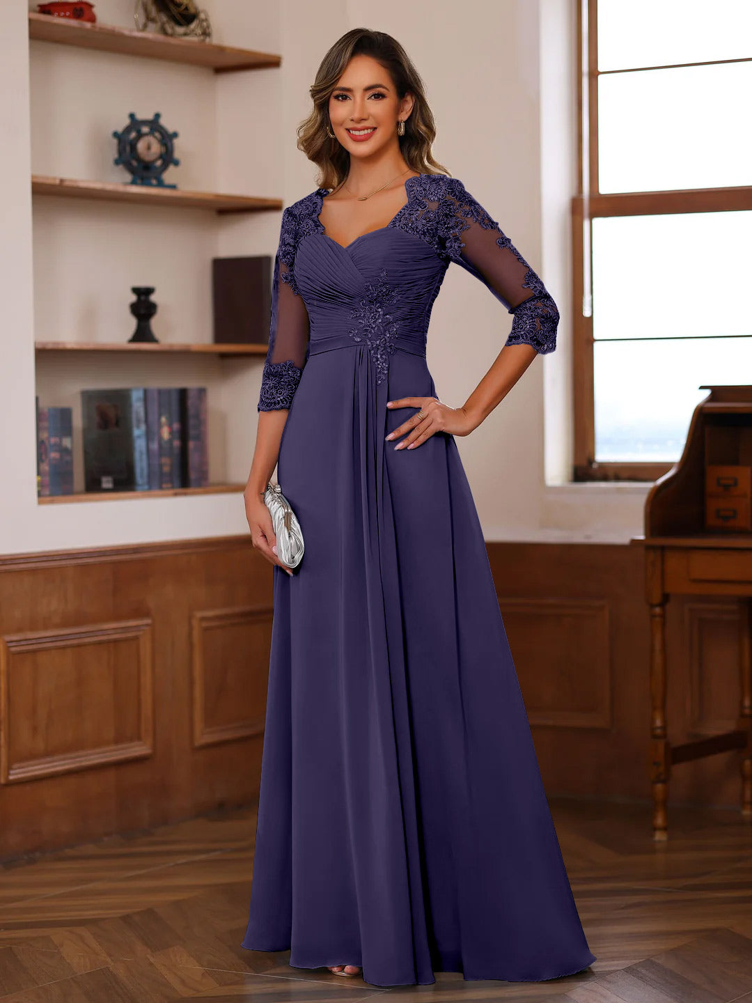 Sweetheart Neck A-Line Princess Gown with 3/4 Sleeves Floor-Length Lace Bridal Dress Featuring Ruffles & Appliques-BMbridal