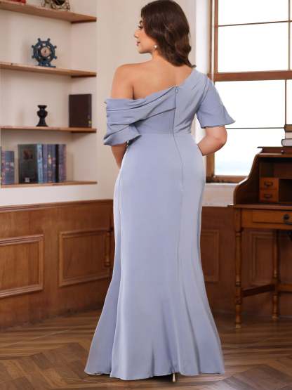 One-Shoulder Silk Satin Gown with Ruffles for Plus-Size Mothers of the Bride