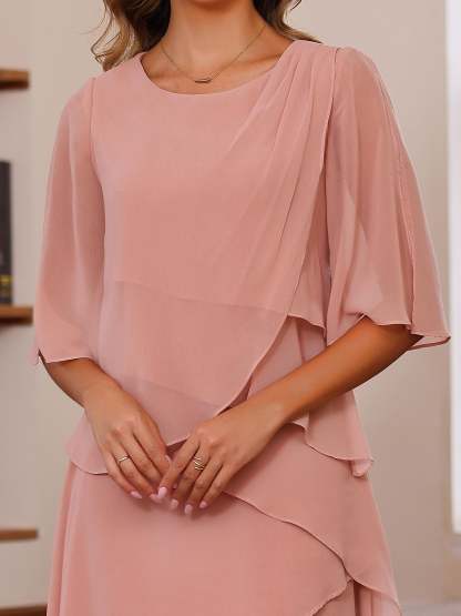 Plus Size Floor-Length Mother of the Bride A-Line Dress with Scoop Neck and Ruffled Half Sleeves
