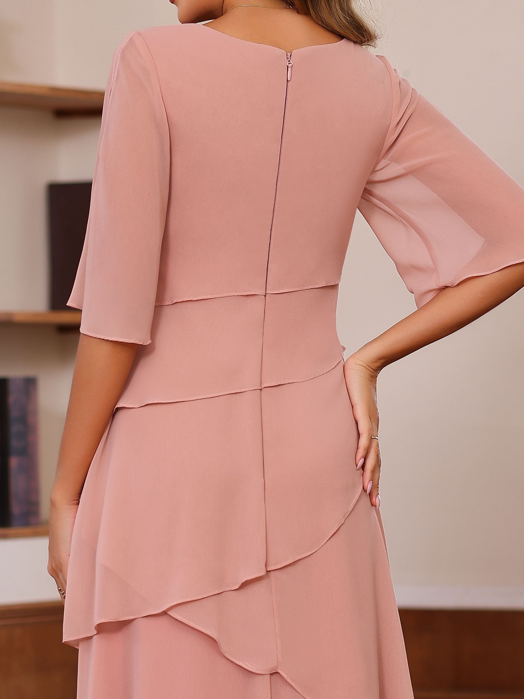 Plus Size Floor-Length Mother of the Bride A-Line Dress with Scoop Neck and Ruffled Half Sleeves