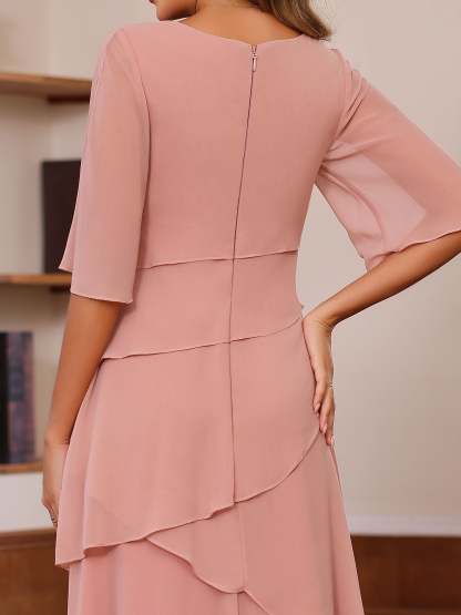 Plus Size Floor-Length Mother of the Bride A-Line Dress with Scoop Neck and Ruffled Half Sleeves