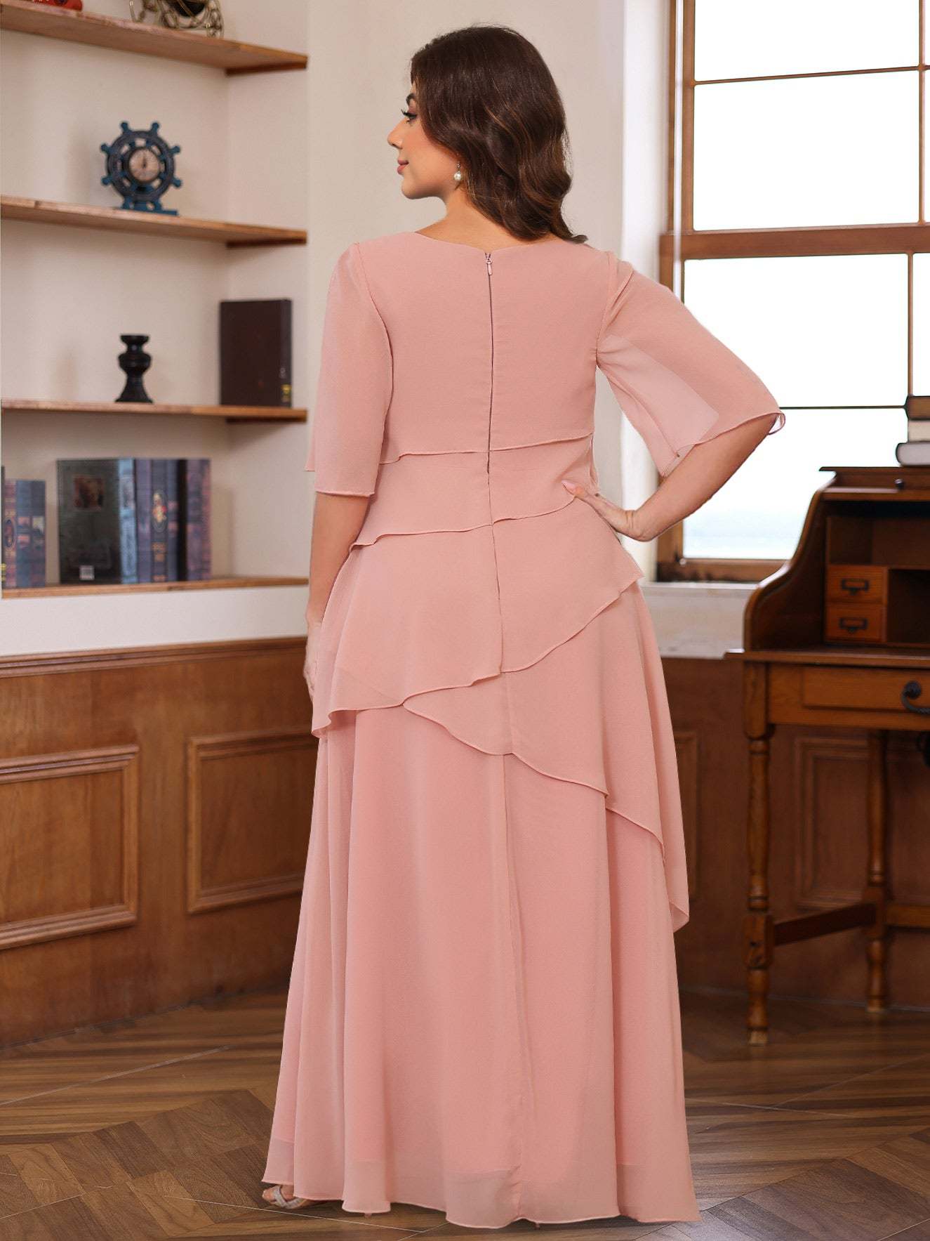 Plus Size Floor-Length Mother of the Bride A-Line Dress with Scoop Neck and Ruffled Half Sleeves