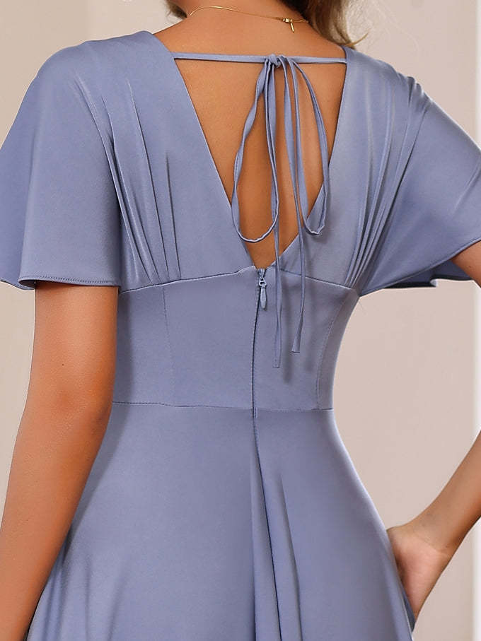 Plus Size V-Neck A-Line Princess Floor-Length Mother of the Bride Dress with Ruffles and Short Sleeves