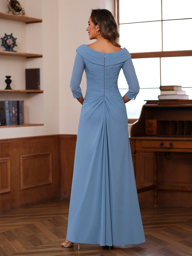 V-Neck 3/4 Sleeve Floor-Length Sheath/Column Mother of the Bride Dress with Ruffles & Appliques-BMbridal