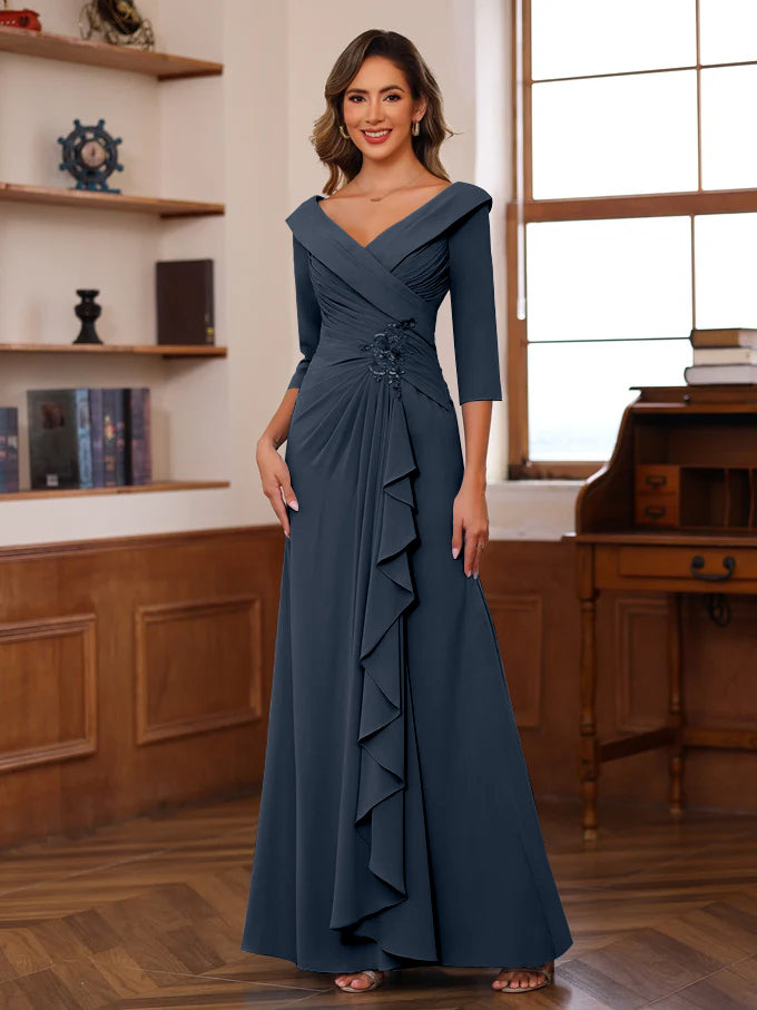 V-Neck 3/4 Sleeve Floor-Length Sheath/Column Mother of the Bride Dress with Ruffles & Appliques-BMbridal