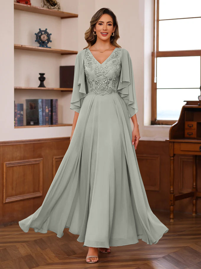 Floor-Length Princess V-Neck Mother of the Bride A-Line Dress with Appliques & Wrap in 2 Pics-BMbridal