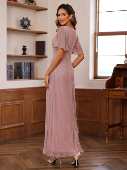 Unique V-Neck A-Line Princess Ankle-Length Mother of the Bride Dresses with Ruffles and Short Sleeves-BMbridal