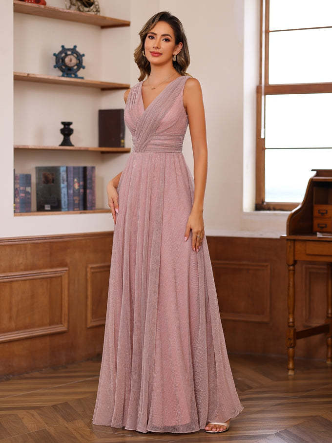 Unique V-Neck Sleeveless Floor-Length A-Line Mother of the Bride Dress with Ruffles-BMbridal