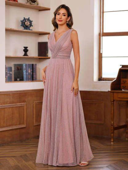 Unique V-Neck Sleeveless Floor-Length A-Line Mother of the Bride Dress with Ruffles-BMbridal