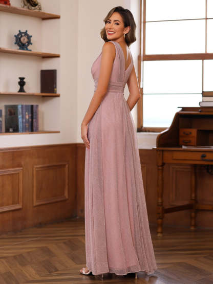 Unique V-Neck Sleeveless Floor-Length A-Line Mother of the Bride Dress with Ruffles-BMbridal