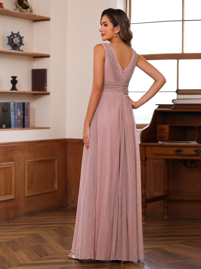 Unique V-Neck Sleeveless Floor-Length A-Line Mother of the Bride Dress with Ruffles-BMbridal