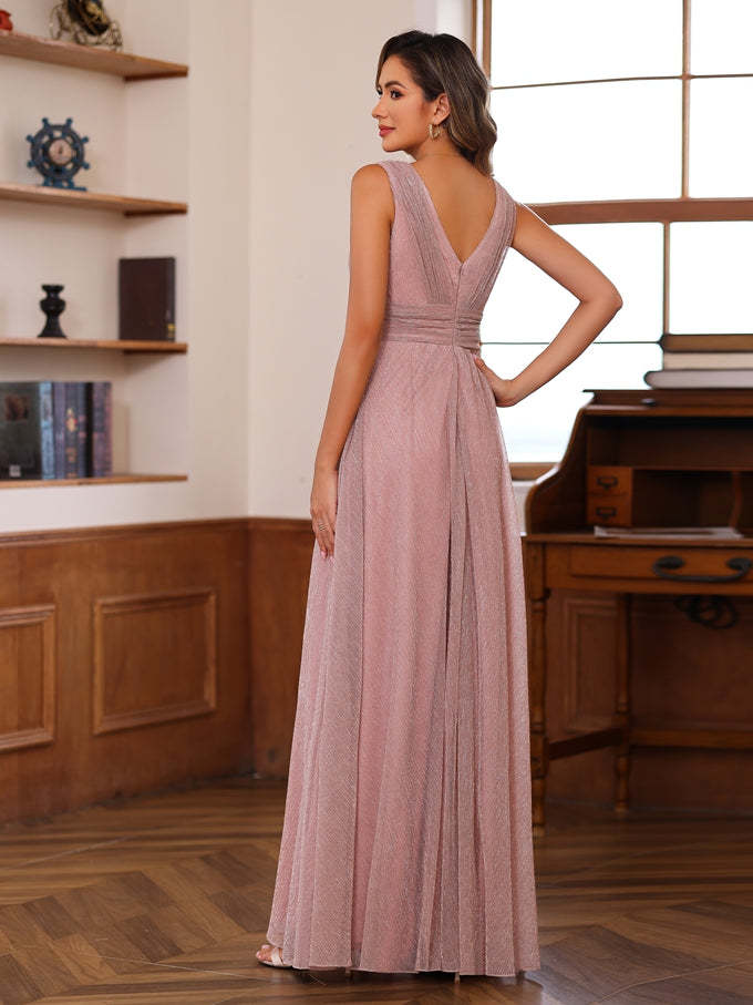 Unique V-Neck Sleeveless Floor-Length A-Line Mother of the Bride Dress with Ruffles-BMbridal