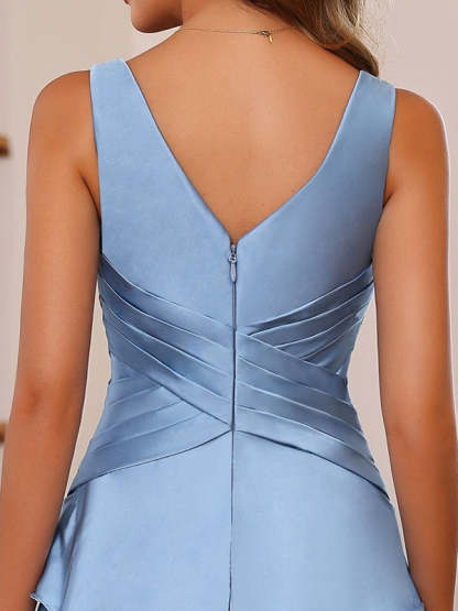 V-Neck Sleeveless A-Line Princess Floor-Length Mother of the Bride Dress With Ruffles & Wrap-BMbridal