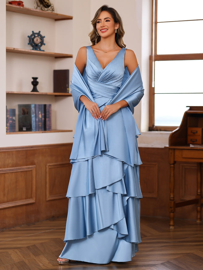 V-Neck Sleeveless A-Line Princess Floor-Length Mother of the Bride Dress With Ruffles & Wrap-BMbridal