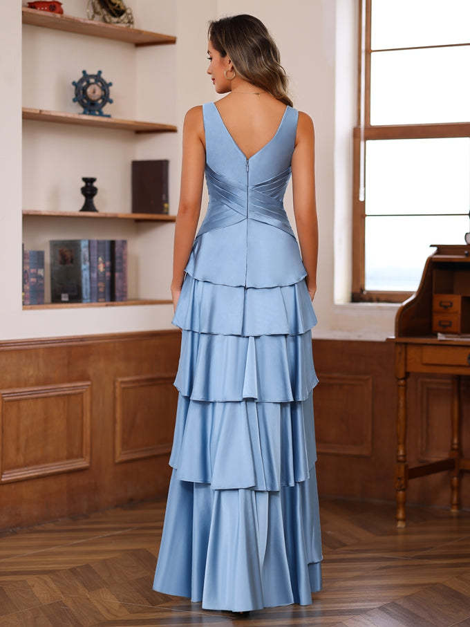 V-Neck Sleeveless A-Line Princess Floor-Length Mother of the Bride Dress With Ruffles & Wrap-BMbridal