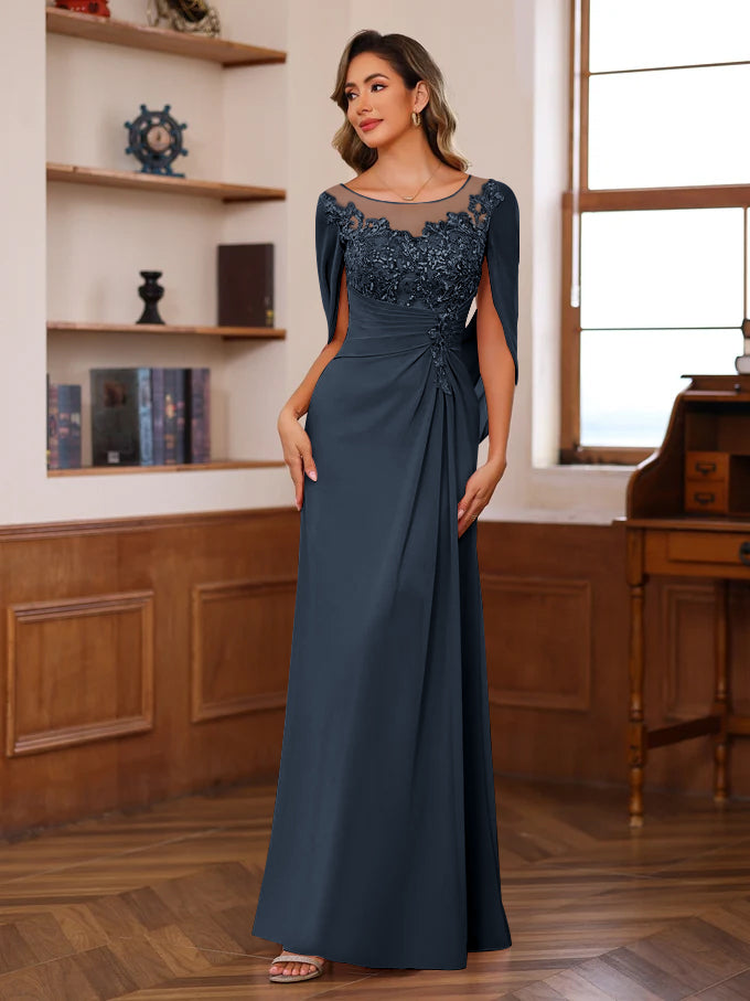 Floor-Length A-Line Princess Scoop Mother of the Bride Dresses with Pleated & Sequins-BMbridal