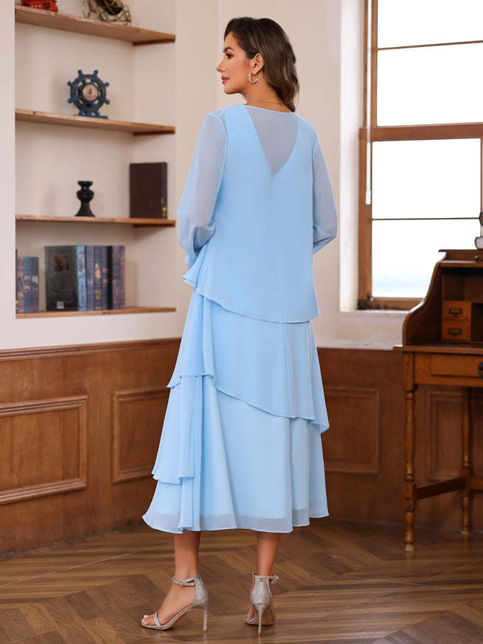 Princess A-Line 2-Piece Tea-Length Mother of the Bride Dress with Scoop Neck Ruffles & Jacket-BMbridal