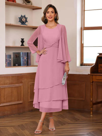 Princess A-Line 2-Piece Tea-Length Mother of the Bride Dress with Scoop Neck Ruffles & Jacket-BMbridal